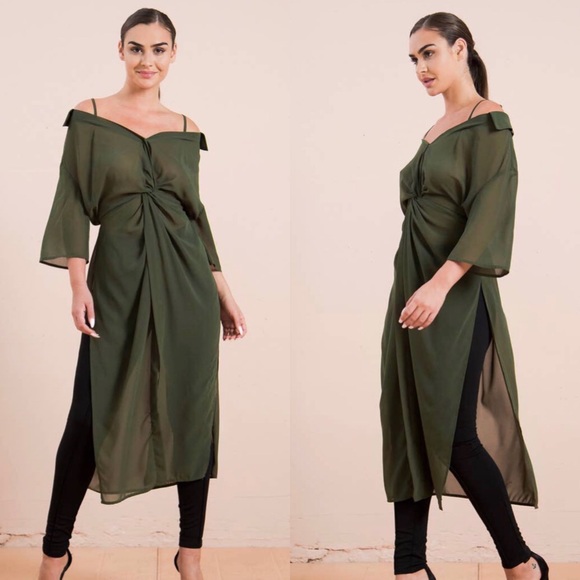 Flying Tomato Tops - Flying Tomato | Green Cold Shoulder Sheer Maxi Blouse Sz S